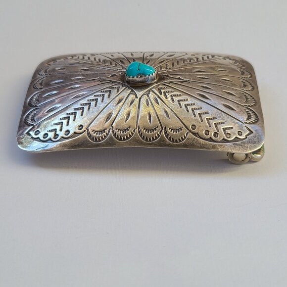 3"x2" Native American Navajo Sterling Silver Turquoise Hand Stamped Belt Buckle - Picture 4 of 8